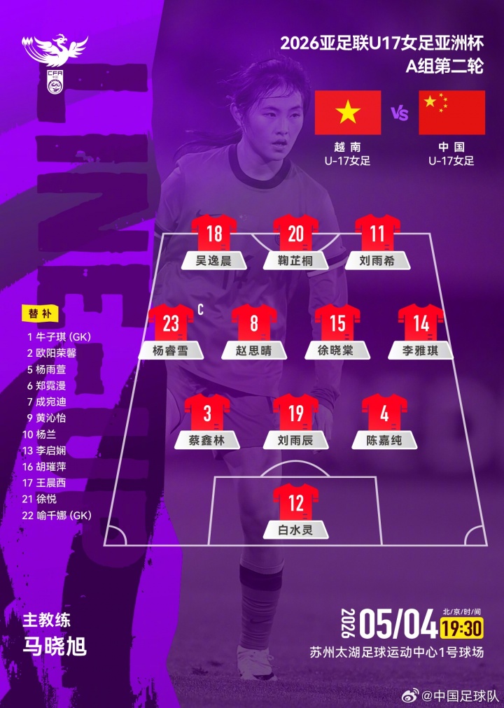 U17女足亚洲杯A组:中国对阵越南首发出炉,中场核心轮换